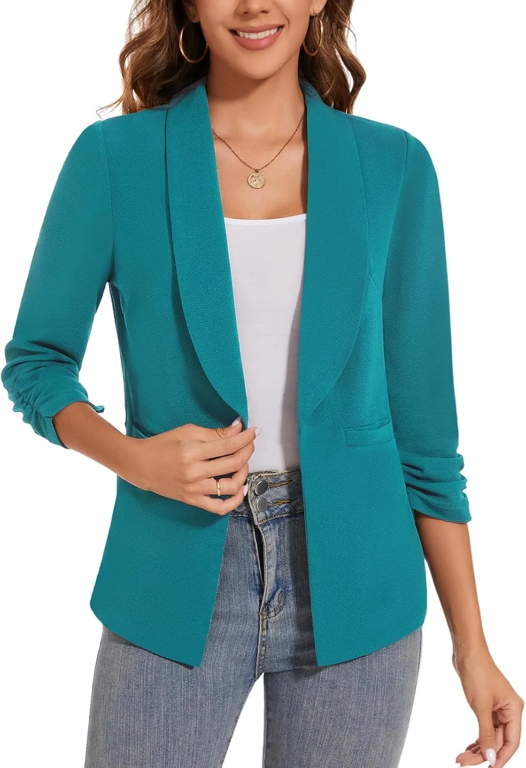 Women Casual Shawl Lapel Collar Blazer Ruched 3/4 Sleeve Open Front Business Office Suit Jacket Pocket