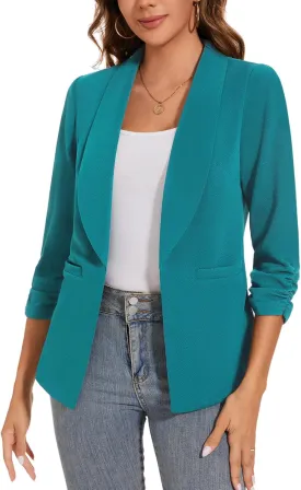 Women Casual Shawl Lapel Collar Blazer Ruched 3/4 Sleeve Open Front Business Office Suit Jacket Pocket