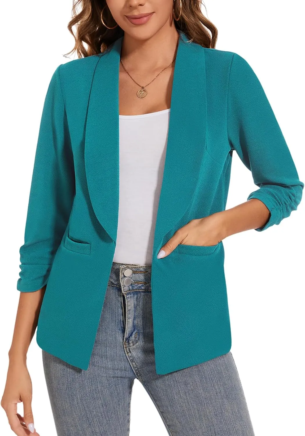 Women Casual Shawl Lapel Collar Blazer Ruched 3/4 Sleeve Open Front Business Office Suit Jacket Pocket