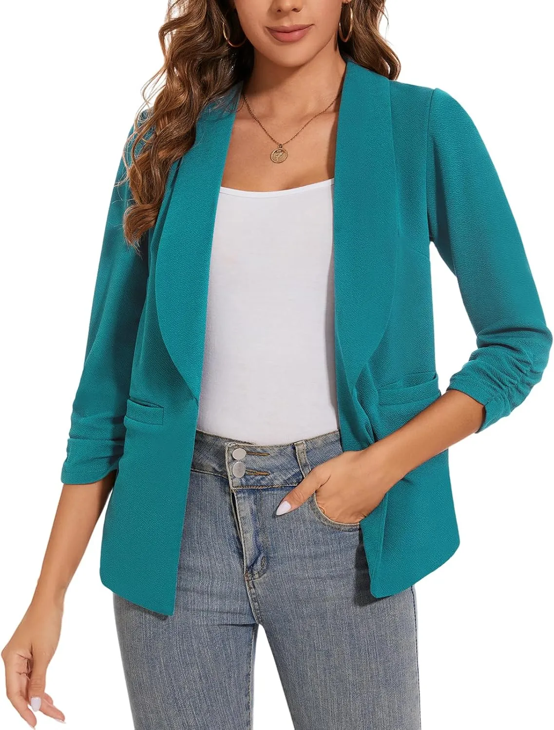 Women Casual Shawl Lapel Collar Blazer Ruched 3/4 Sleeve Open Front Business Office Suit Jacket Pocket