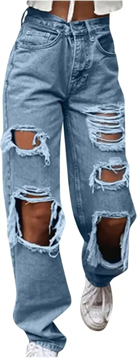 Women Patchwork Destroyed Raw Hem Jeans Ripped Hole Denim Pants Distressed Stretchy Loose Fit Boyfriend Jeans