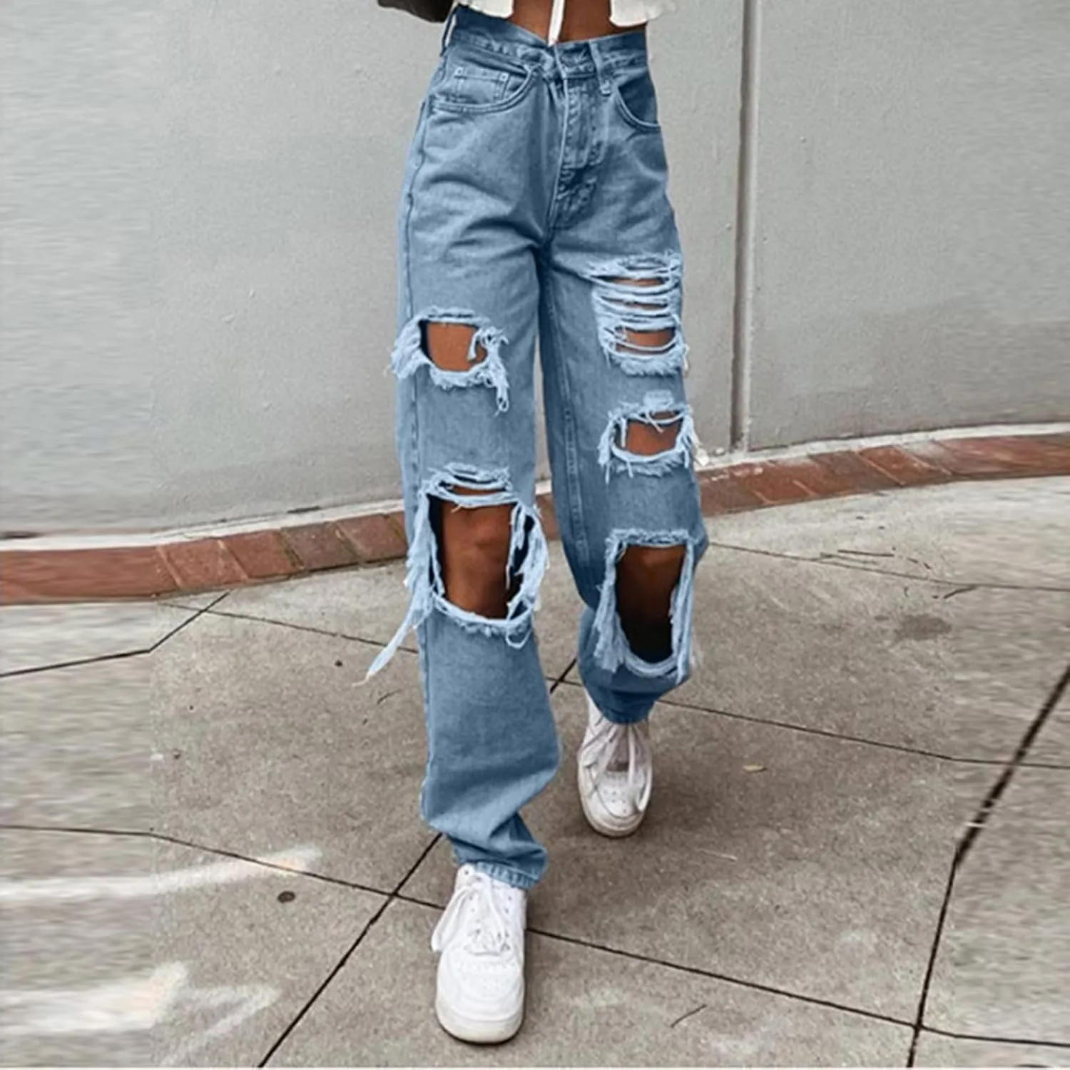 Women Patchwork Destroyed Raw Hem Jeans Ripped Hole Denim Pants Distressed Stretchy Loose Fit Boyfriend Jeans