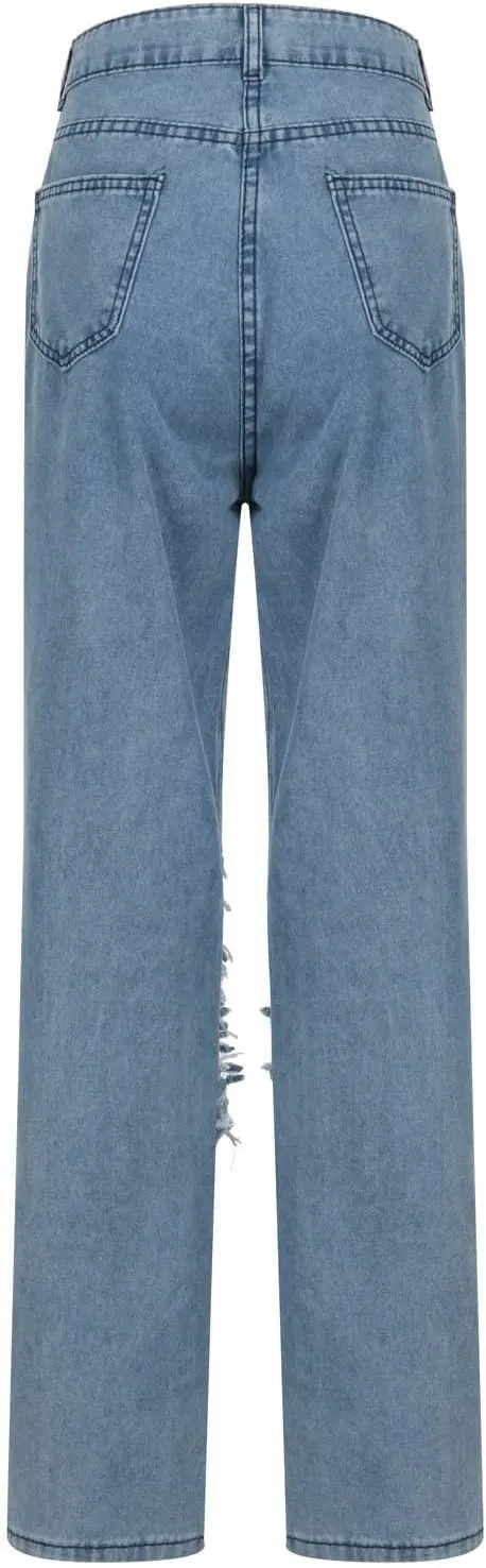 Women Patchwork Destroyed Raw Hem Jeans Ripped Hole Denim Pants Distressed Stretchy Loose Fit Boyfriend Jeans