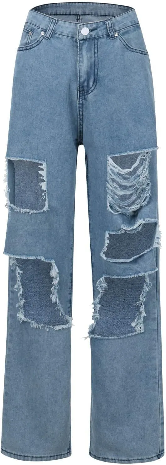 Women Patchwork Destroyed Raw Hem Jeans Ripped Hole Denim Pants Distressed Stretchy Loose Fit Boyfriend Jeans