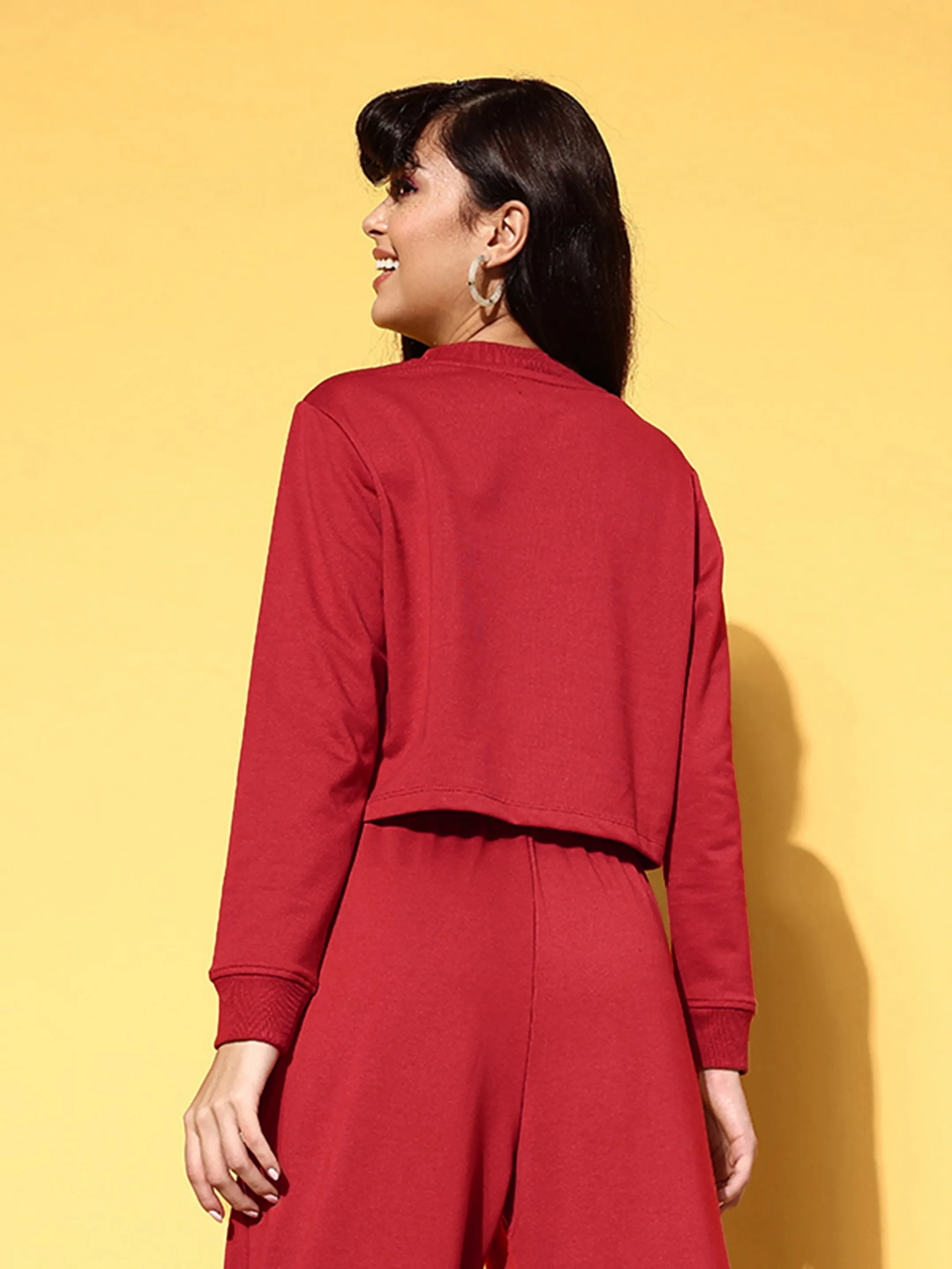 Women Red Terry Line Art Crop Sweatshirt