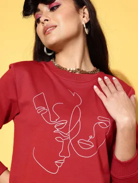 Women Red Terry Line Art Crop Sweatshirt