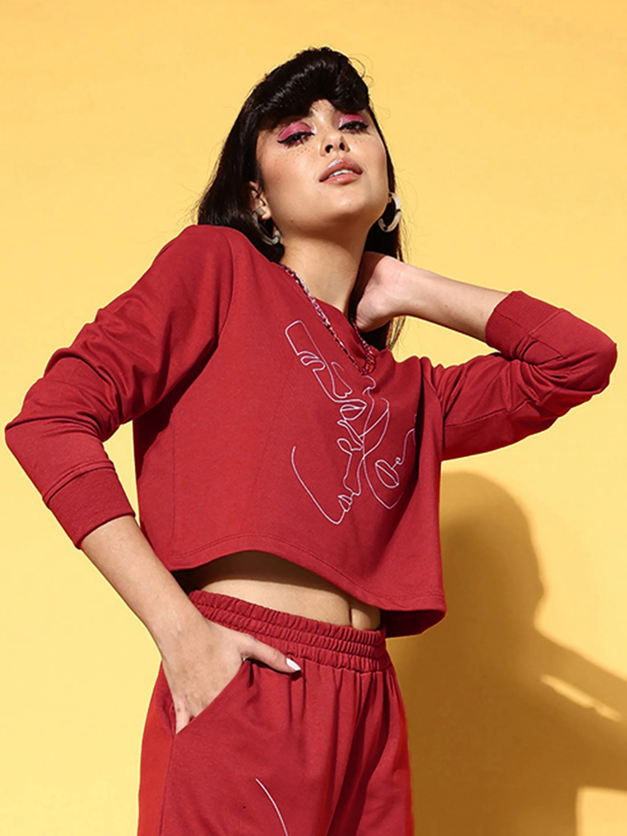 Women Red Terry Line Art Crop Sweatshirt