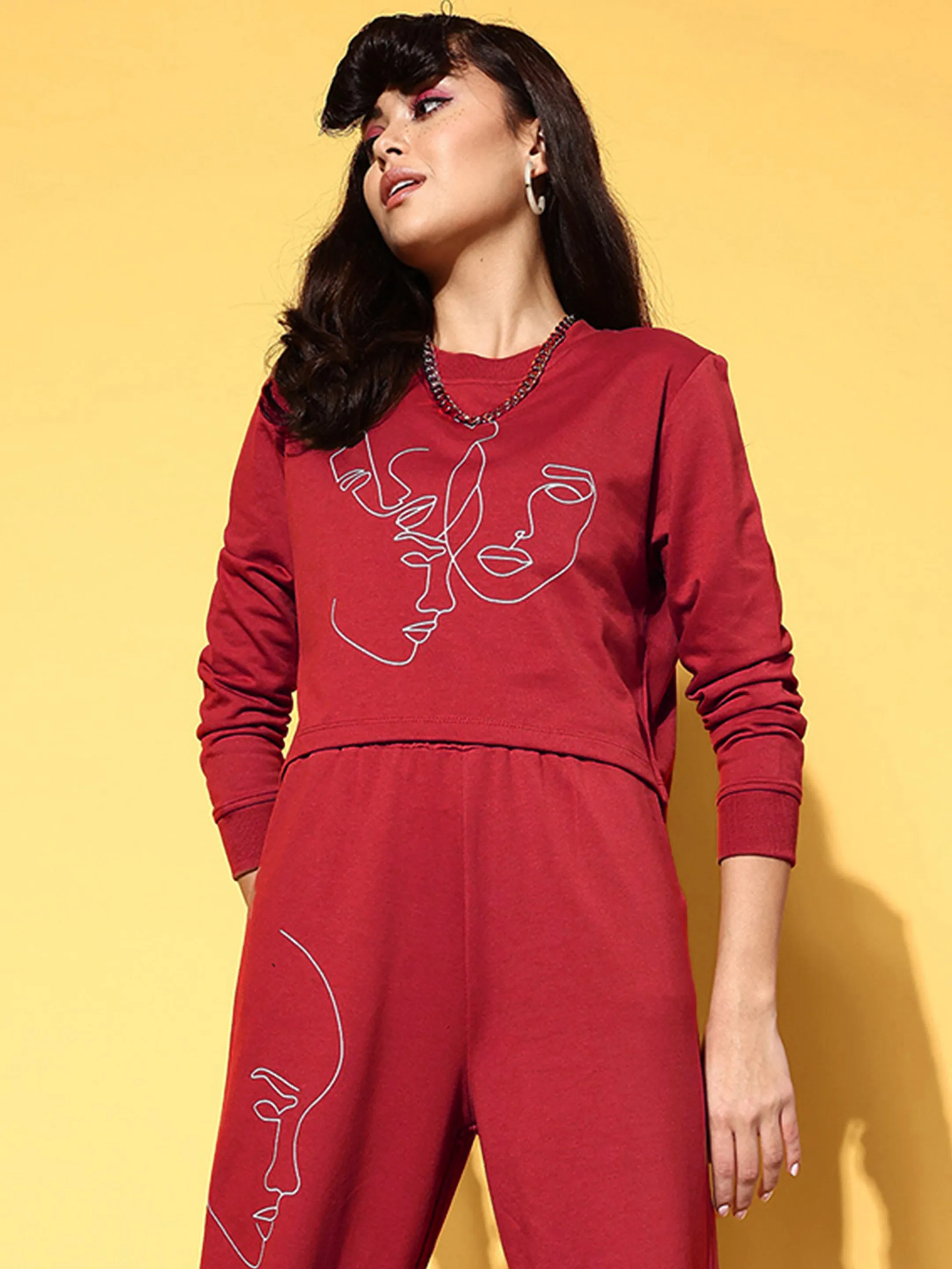 Women Red Terry Line Art Crop Sweatshirt
