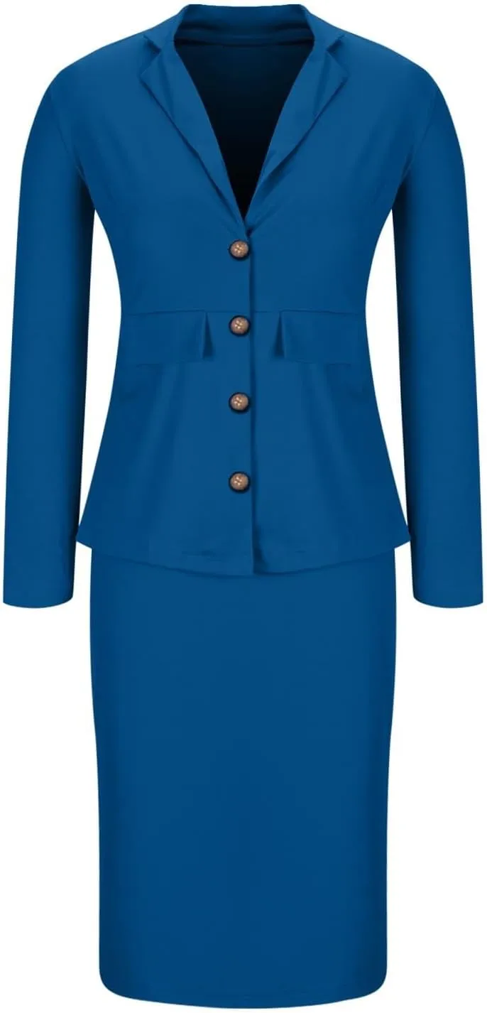 Women's Business Suit 2 Piece Long Sleeve Skirt Suit Set Lady Blazer Office Work Solid Slim Fit Jacket Outfits