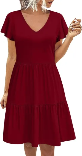 Women's Casual Tiered Dress with Pockets V Neck Ruffle Cap Sleeve Trendy Swing Mini Dress A-Line Dresses