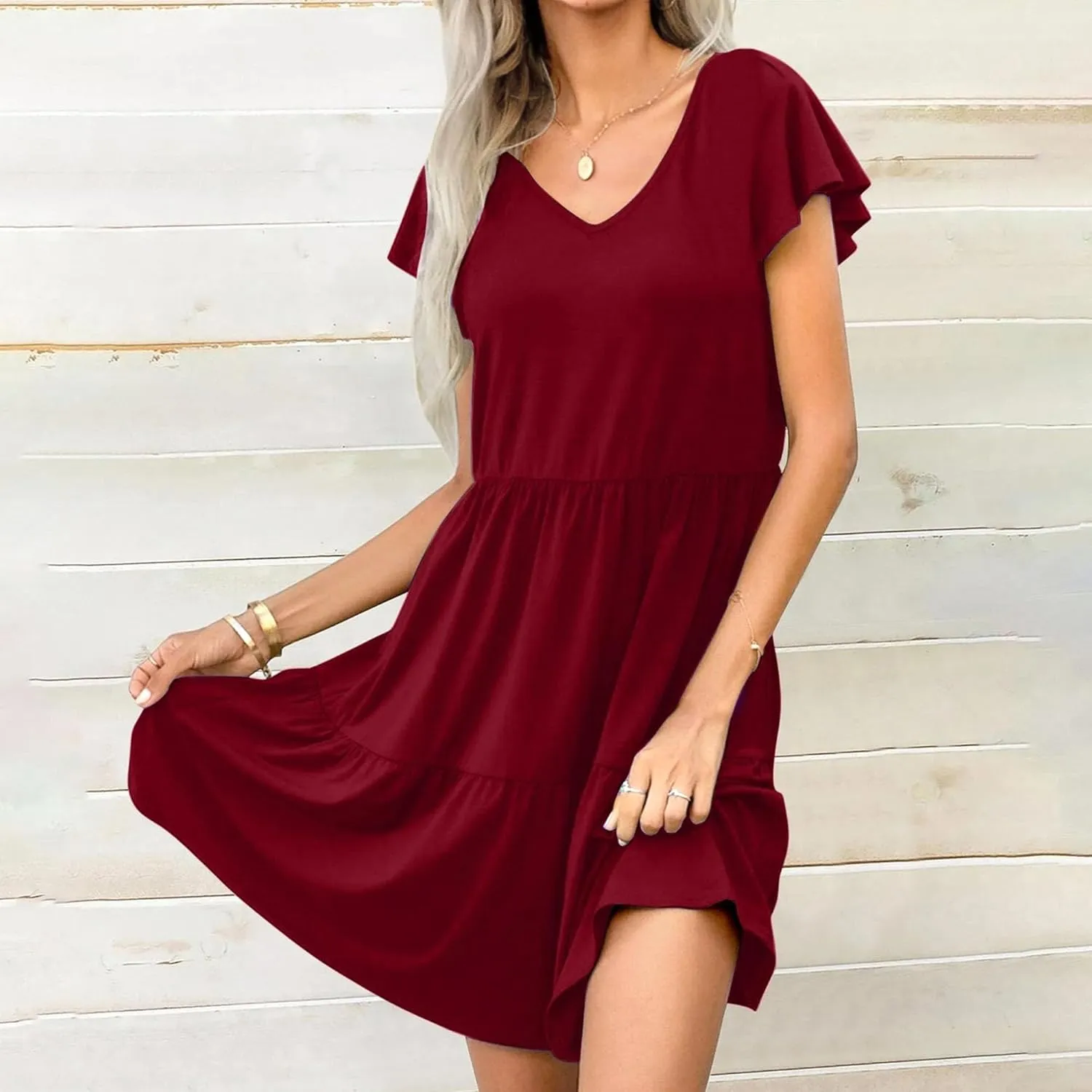 Women's Casual Tiered Dress with Pockets V Neck Ruffle Cap Sleeve Trendy Swing Mini Dress A-Line Dresses