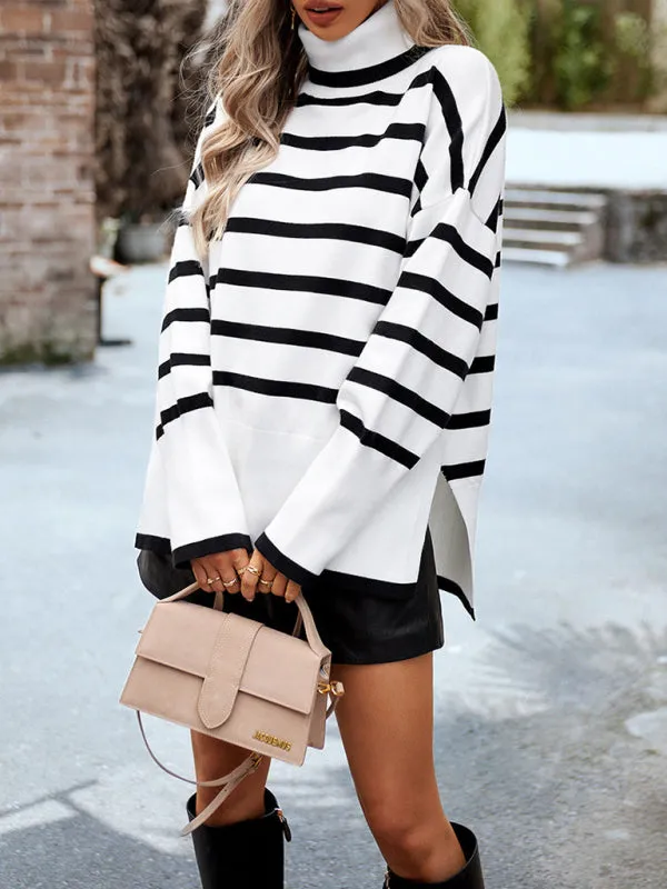 Women's Long Sleeve Striped Turtleneck Sweater