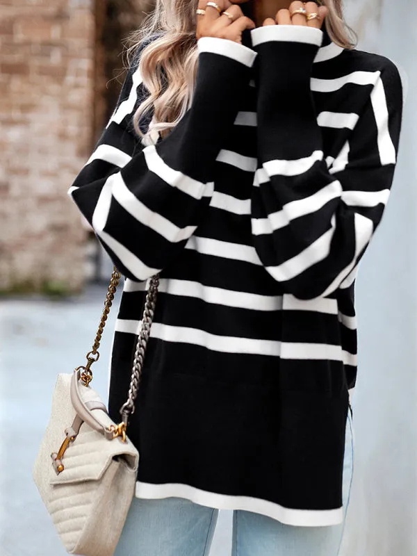 Women's Long Sleeve Striped Turtleneck Sweater