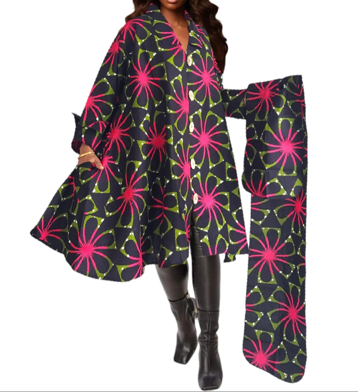 Women's Mid Length African Print Coat Dress