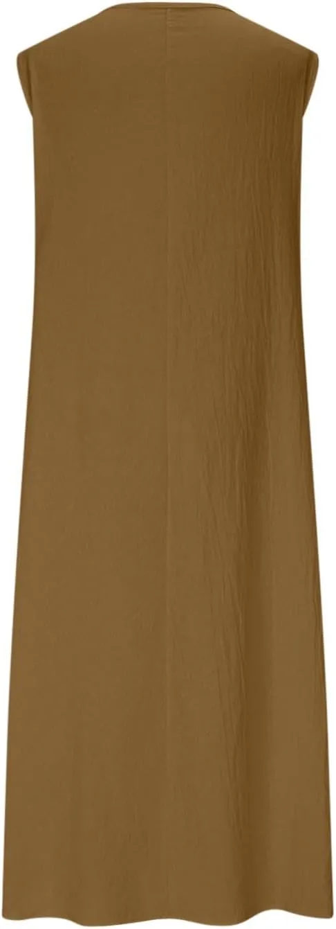 Womens Midi Tank Dresses Summer Casual Cotton Linen Sleeveless Dress with Pockets Loose Flowy Beach Vacation Sundress