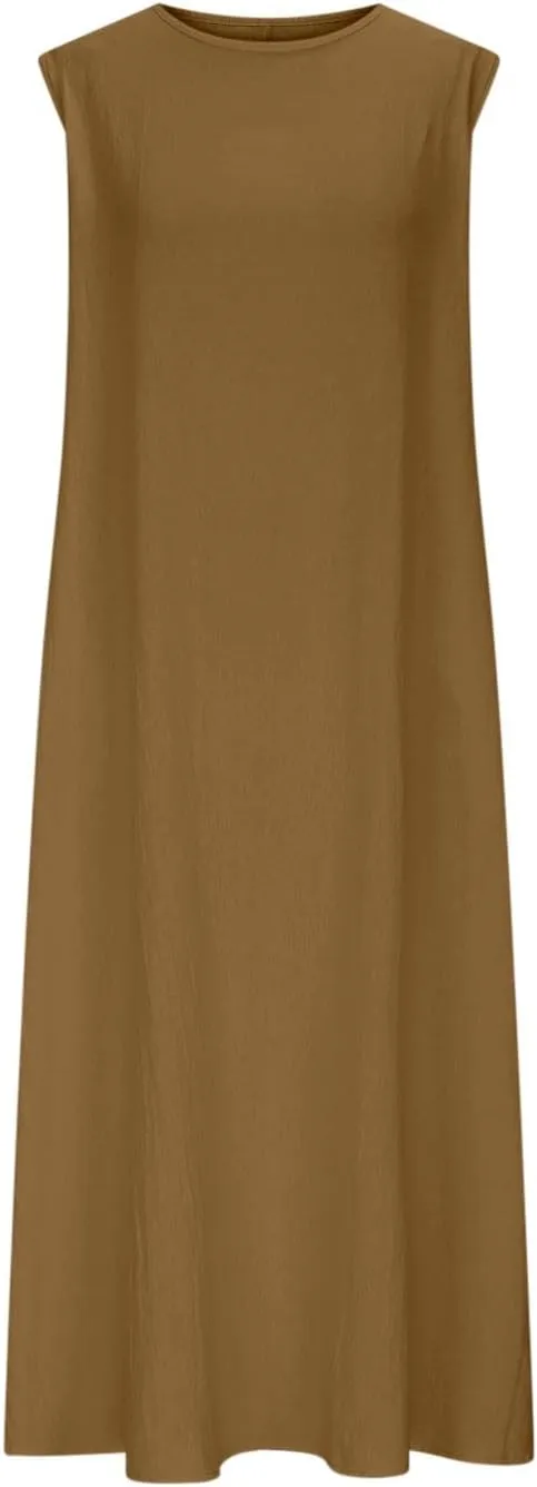 Womens Midi Tank Dresses Summer Casual Cotton Linen Sleeveless Dress with Pockets Loose Flowy Beach Vacation Sundress
