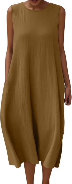 Womens Midi Tank Dresses Summer Casual Cotton Linen Sleeveless Dress with Pockets Loose Flowy Beach Vacation Sundress