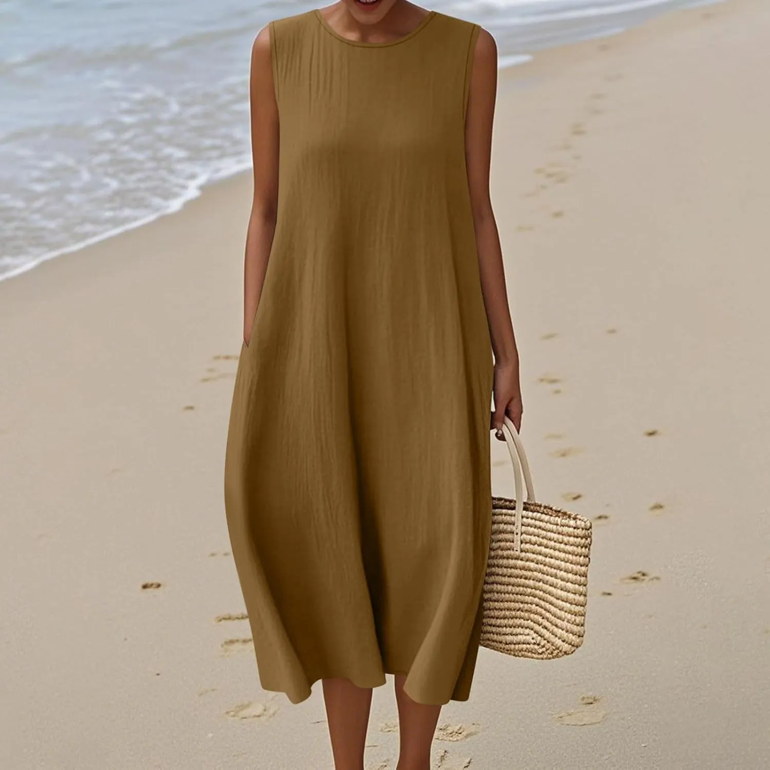 Womens Midi Tank Dresses Summer Casual Cotton Linen Sleeveless Dress with Pockets Loose Flowy Beach Vacation Sundress