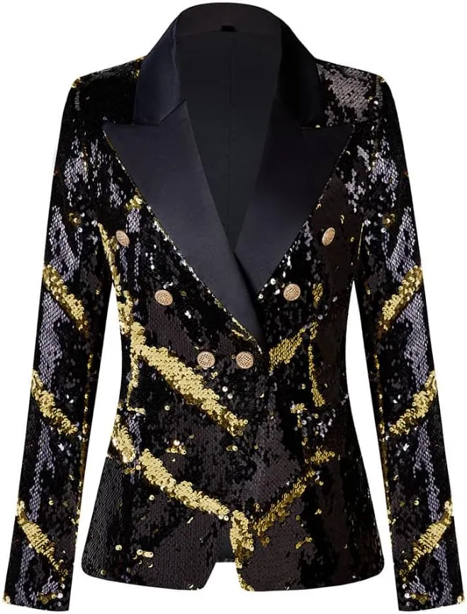 Women's Suit Tuxedo Coat Stylish Two Color Conversion Shiny Sequins Shawl Lapel Blazer Suit Jacket for Party,Banquet