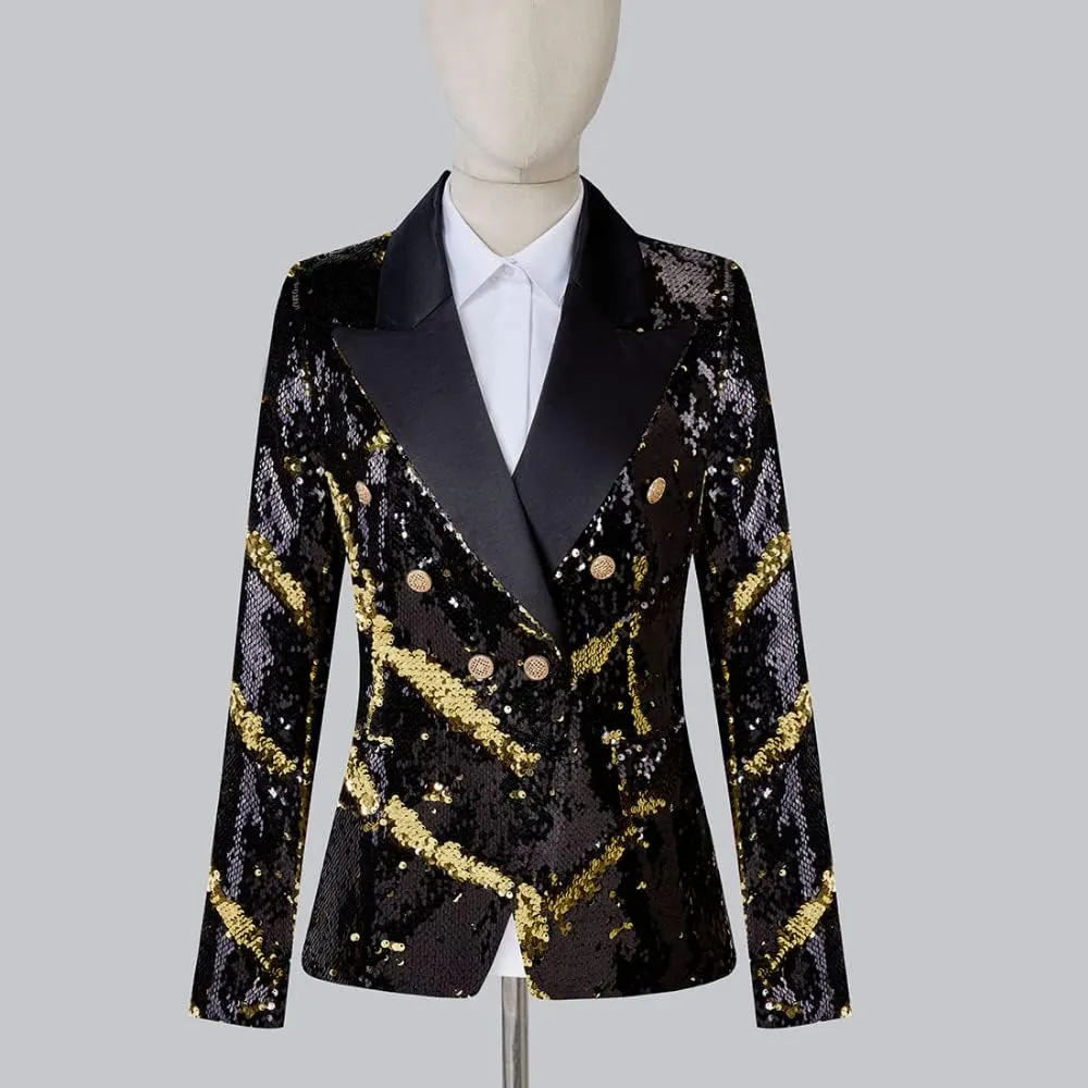 Women's Suit Tuxedo Coat Stylish Two Color Conversion Shiny Sequins Shawl Lapel Blazer Suit Jacket for Party,Banquet