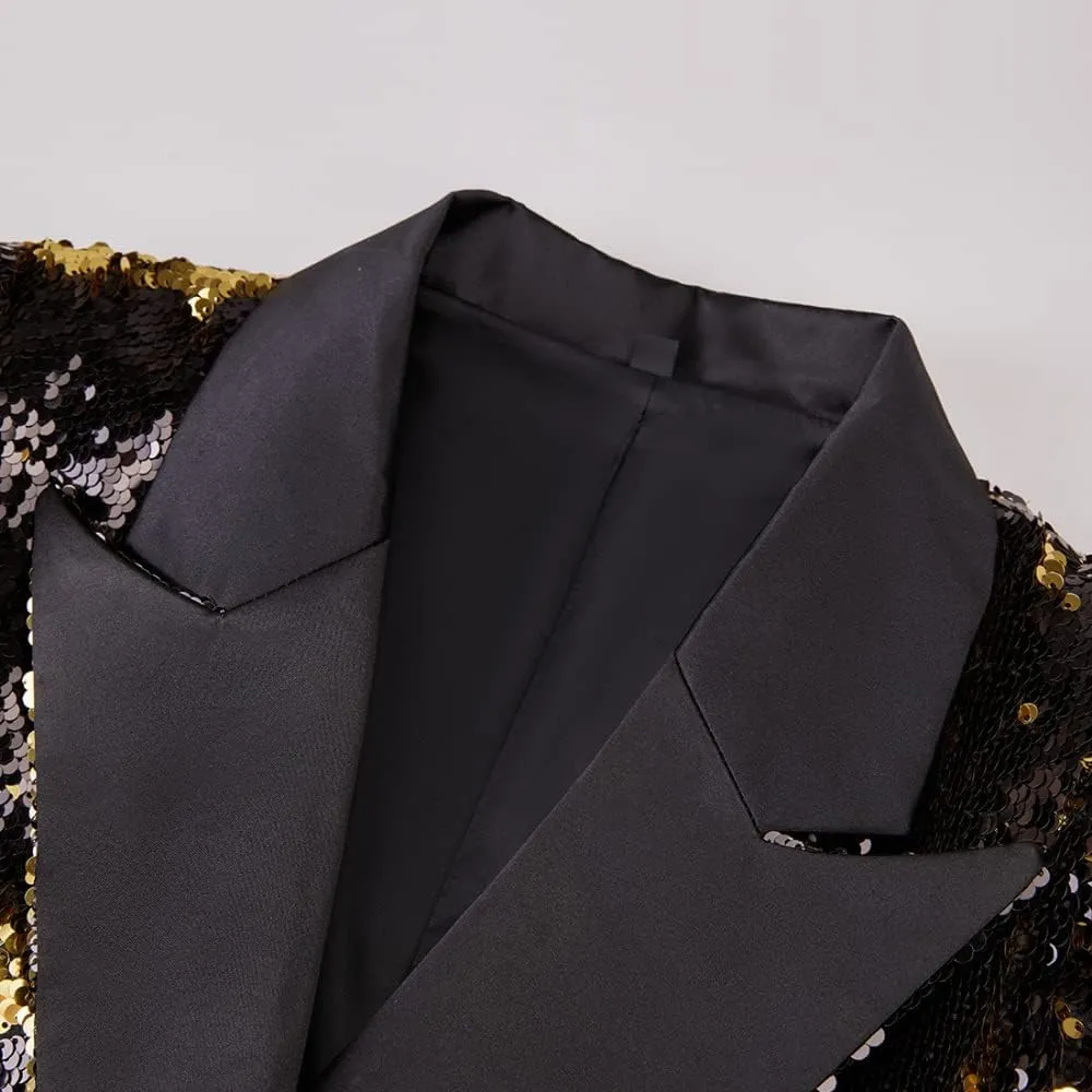 Women's Suit Tuxedo Coat Stylish Two Color Conversion Shiny Sequins Shawl Lapel Blazer Suit Jacket for Party,Banquet