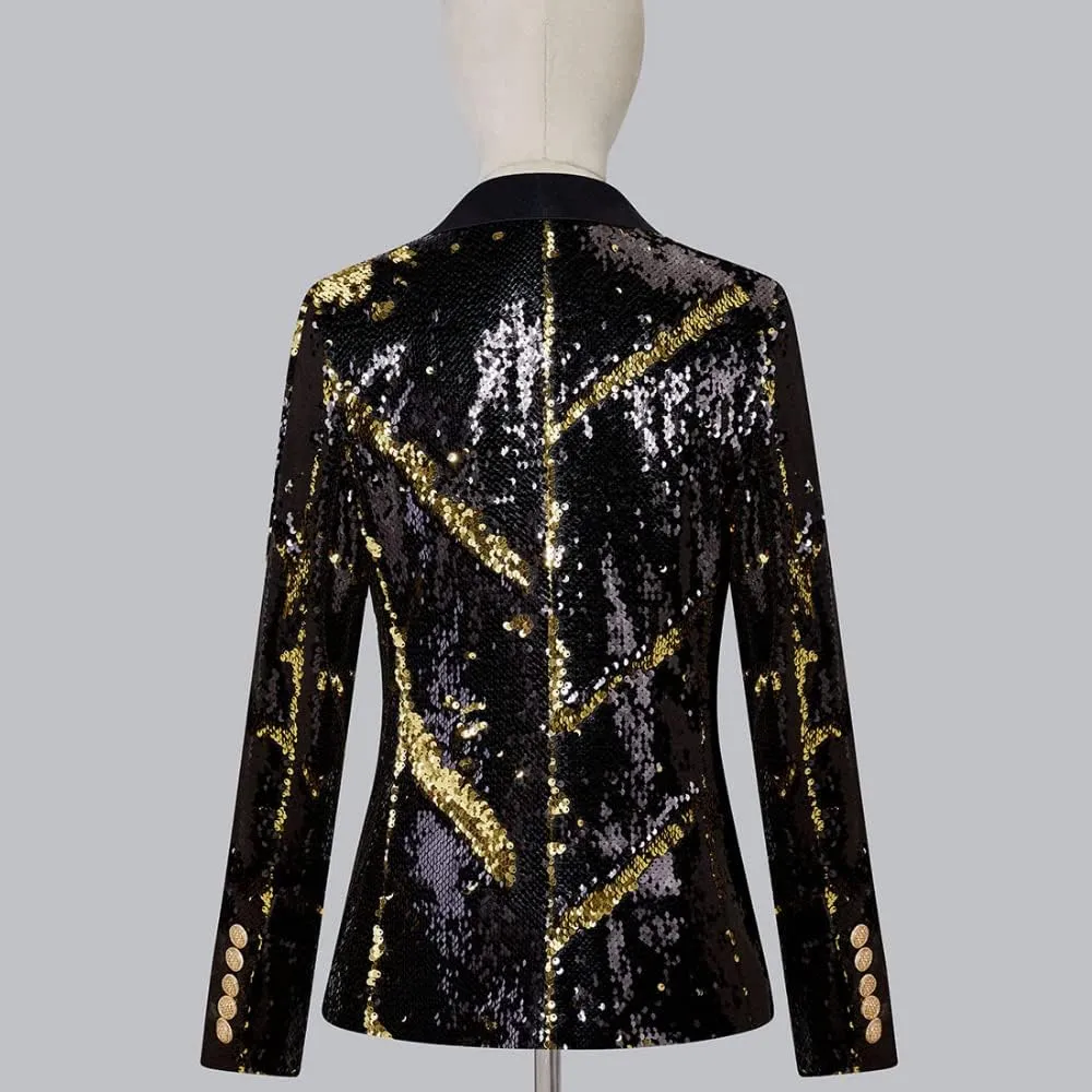 Women's Suit Tuxedo Coat Stylish Two Color Conversion Shiny Sequins Shawl Lapel Blazer Suit Jacket for Party,Banquet