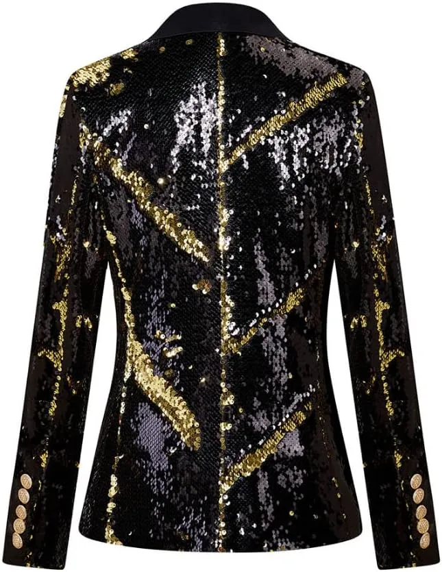 Women's Suit Tuxedo Coat Stylish Two Color Conversion Shiny Sequins Shawl Lapel Blazer Suit Jacket for Party,Banquet