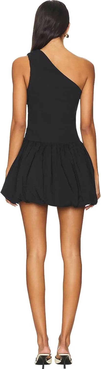 Women's Summer Sleeveless A-Line Flared Dress Bubble One Shoulder Ruffle Hem Mini Dresses