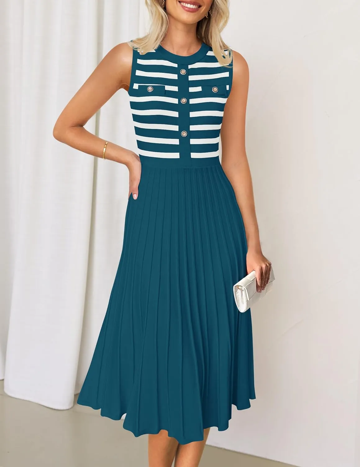 ZESICA Women's Sleeveless Striped Midi Dress Summer Crewneck Button Knit Swing Pleated A Line Casual Dresses