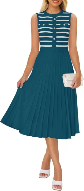 ZESICA Women's Sleeveless Striped Midi Dress Summer Crewneck Button Knit Swing Pleated A Line Casual Dresses