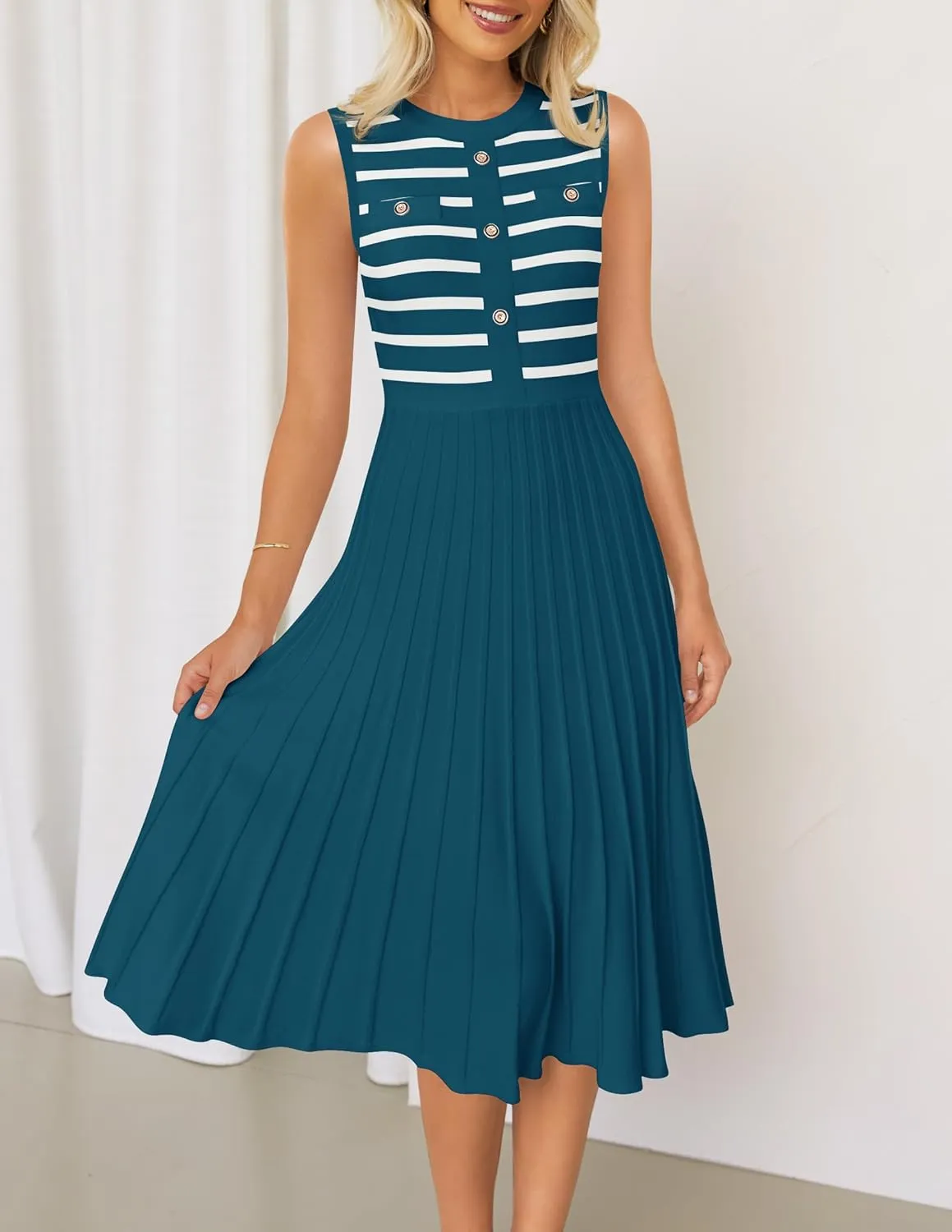 ZESICA Women's Sleeveless Striped Midi Dress Summer Crewneck Button Knit Swing Pleated A Line Casual Dresses