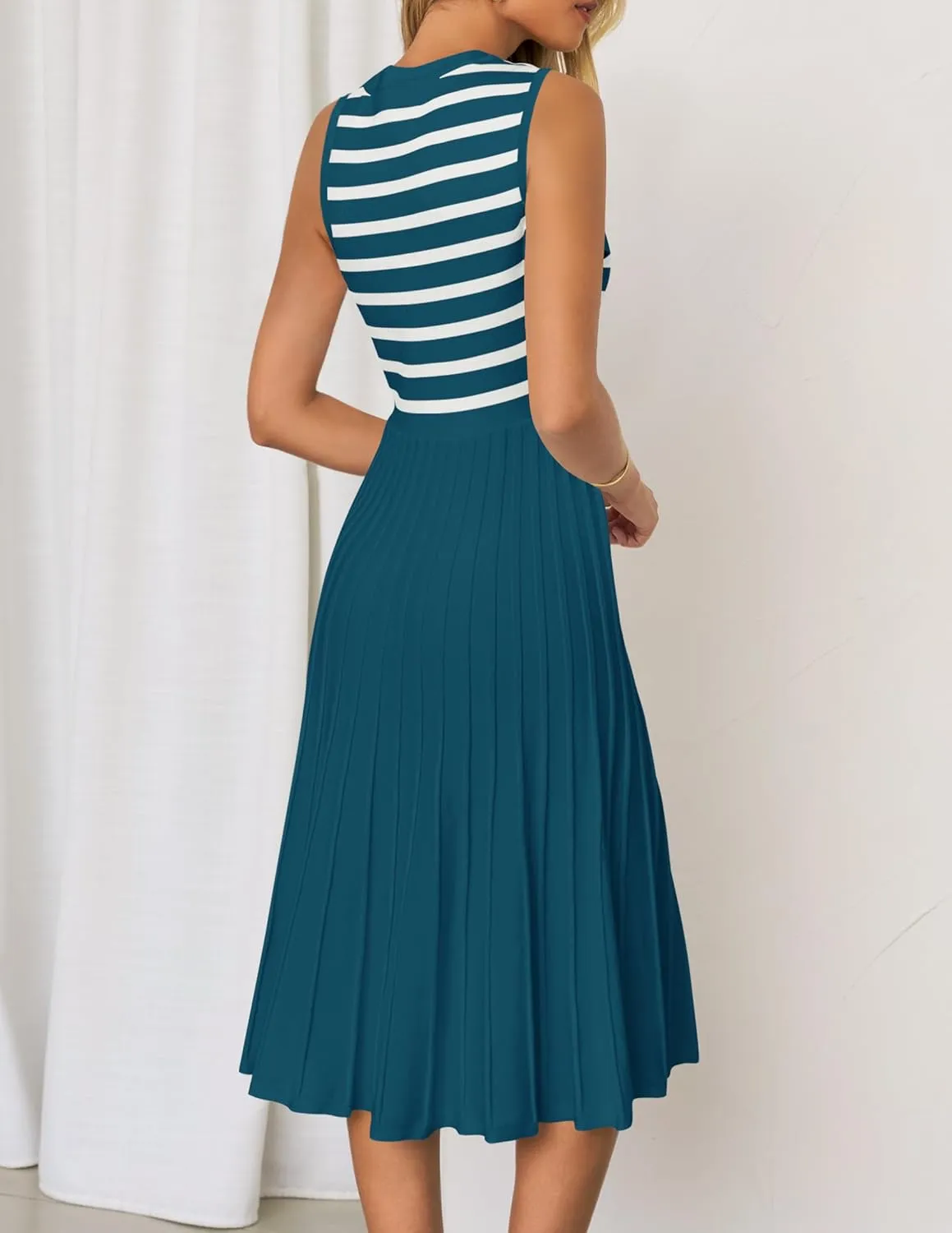 ZESICA Women's Sleeveless Striped Midi Dress Summer Crewneck Button Knit Swing Pleated A Line Casual Dresses