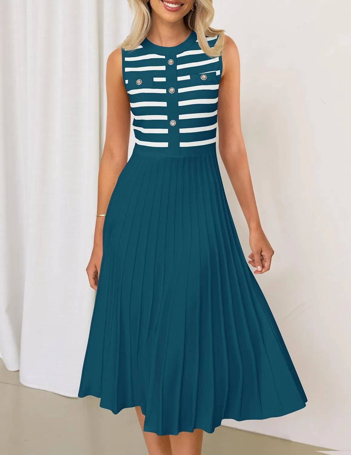 ZESICA Women's Sleeveless Striped Midi Dress Summer Crewneck Button Knit Swing Pleated A Line Casual Dresses