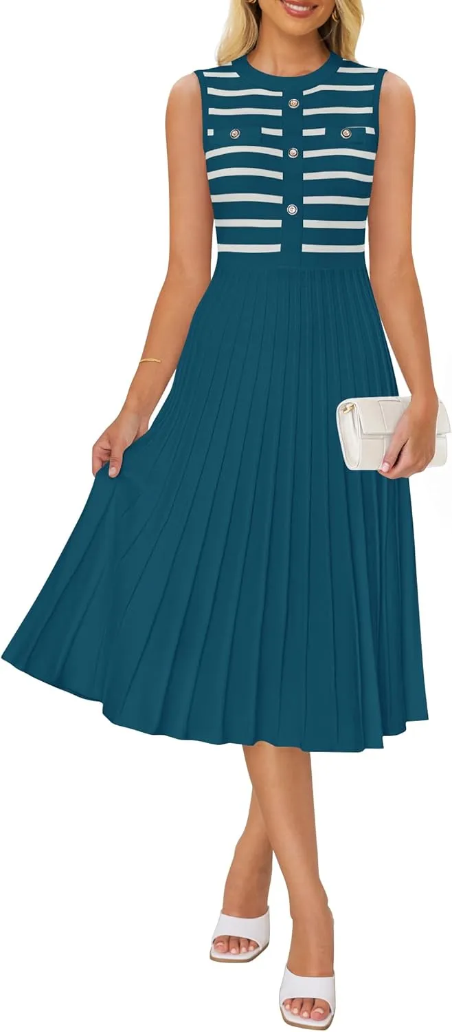 ZESICA Women's Sleeveless Striped Midi Dress Summer Crewneck Button Knit Swing Pleated A Line Casual Dresses